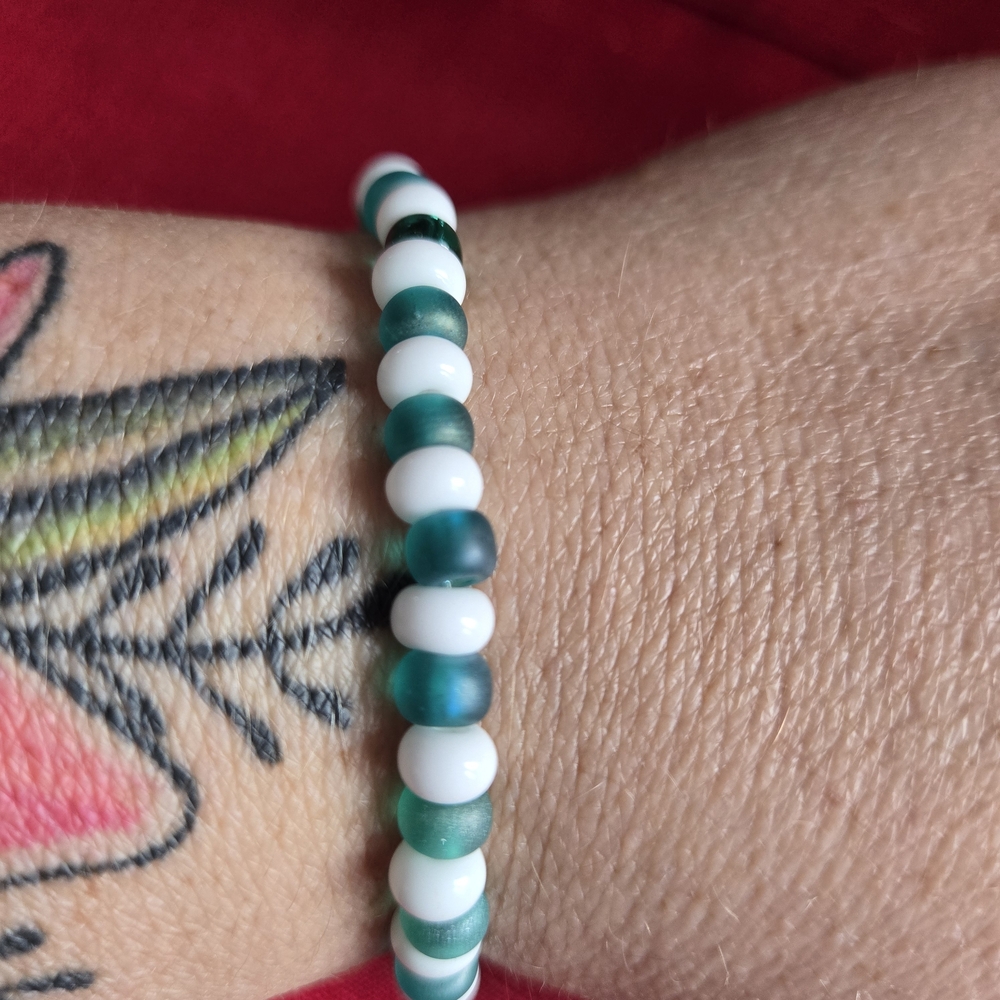 (4 For $30)   Hand Crafted Teal and White Glass Beaded Bracelet